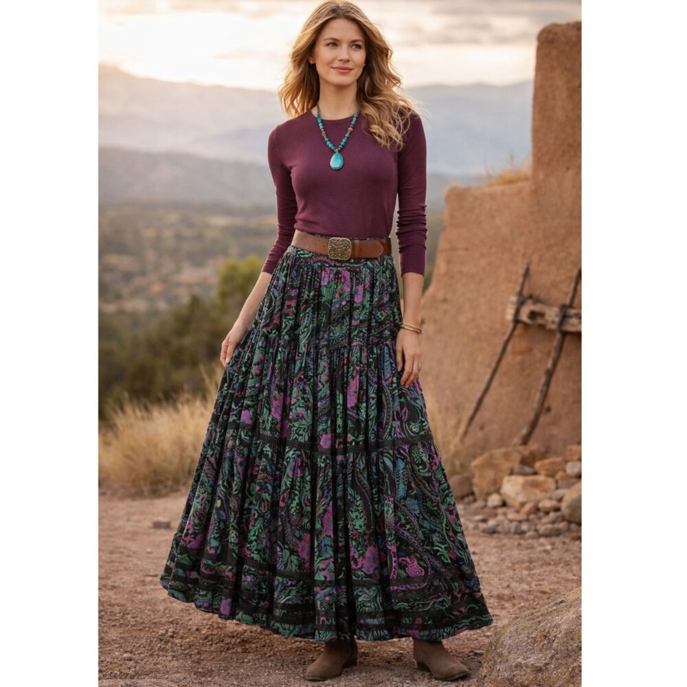 Vintage MONDI Germany Maxi Full Skirt Tiered Abstract Floral Print Paisley sz 40